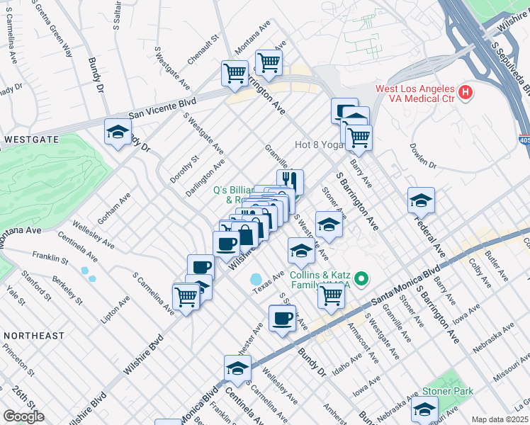 map of restaurants, bars, coffee shops, grocery stores, and more near 11932 Goshen Avenue in Los Angeles
