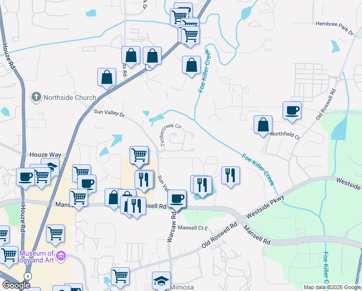 map of restaurants, bars, coffee shops, grocery stores, and more near 2507 Timbercreek Circle in Roswell