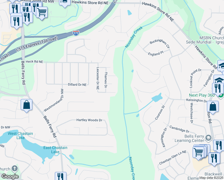 map of restaurants, bars, coffee shops, grocery stores, and more near 4012 Leicester Drive Northeast in Kennesaw