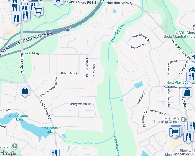 map of restaurants, bars, coffee shops, grocery stores, and more near 4014 Leicester Drive Northeast in Kennesaw