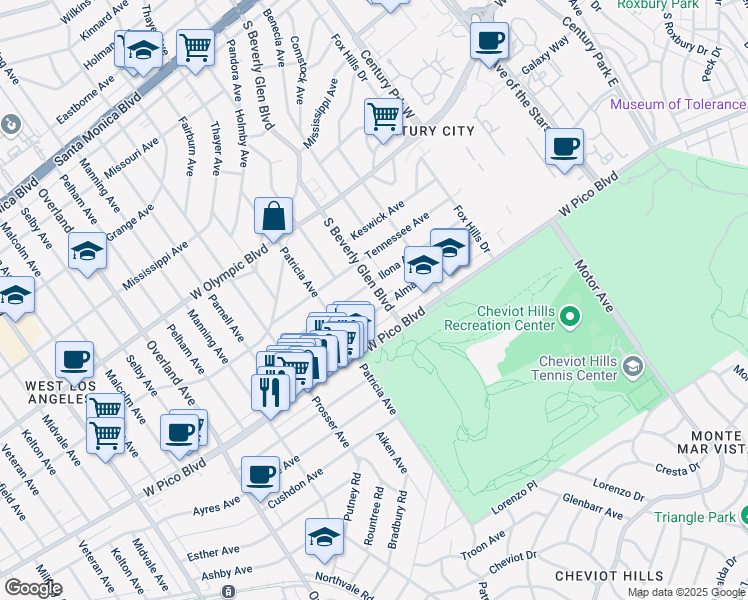 map of restaurants, bars, coffee shops, grocery stores, and more near 2349 South Beverly Glen Boulevard in Los Angeles