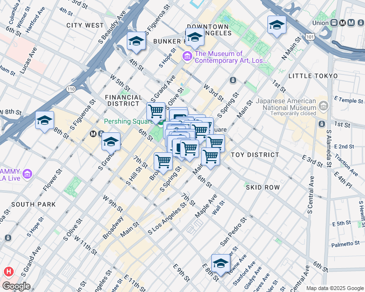 map of restaurants, bars, coffee shops, grocery stores, and more near 534 South Broadway in Los Angeles