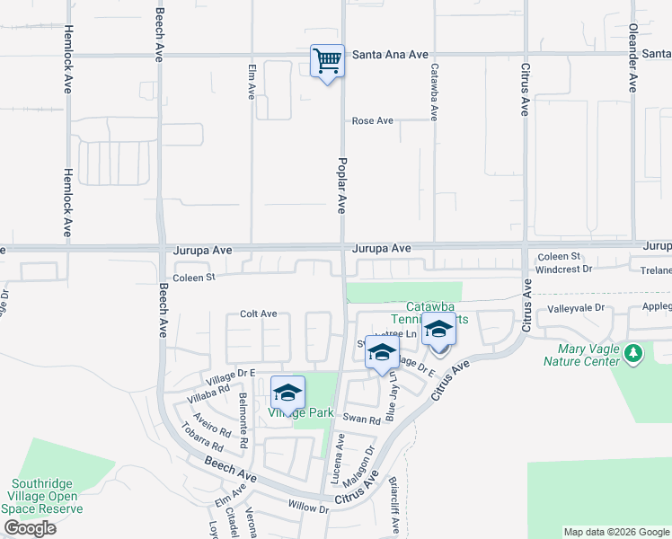map of restaurants, bars, coffee shops, grocery stores, and more near 11380 Nicole Way in Fontana
