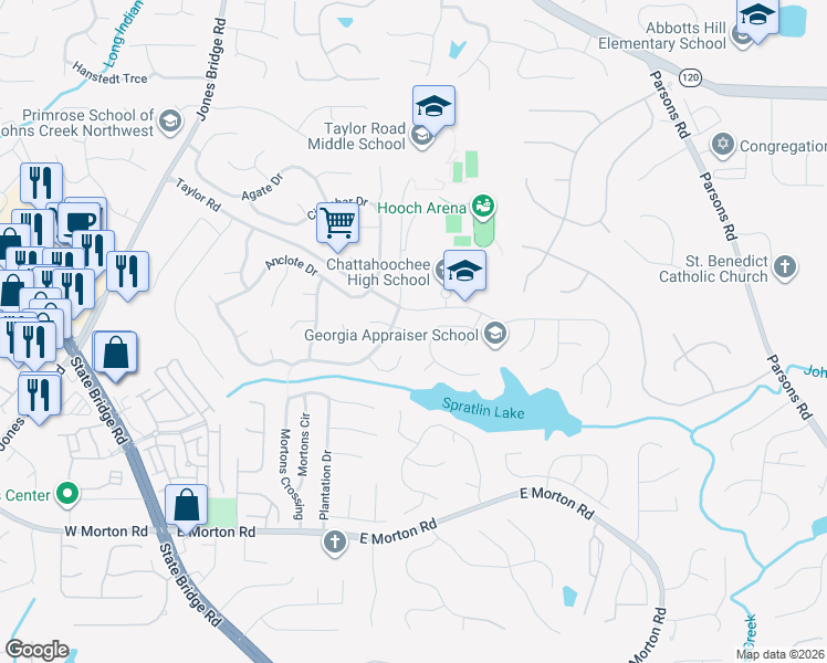 map of restaurants, bars, coffee shops, grocery stores, and more near 260 East Taylors Crossing in Alpharetta