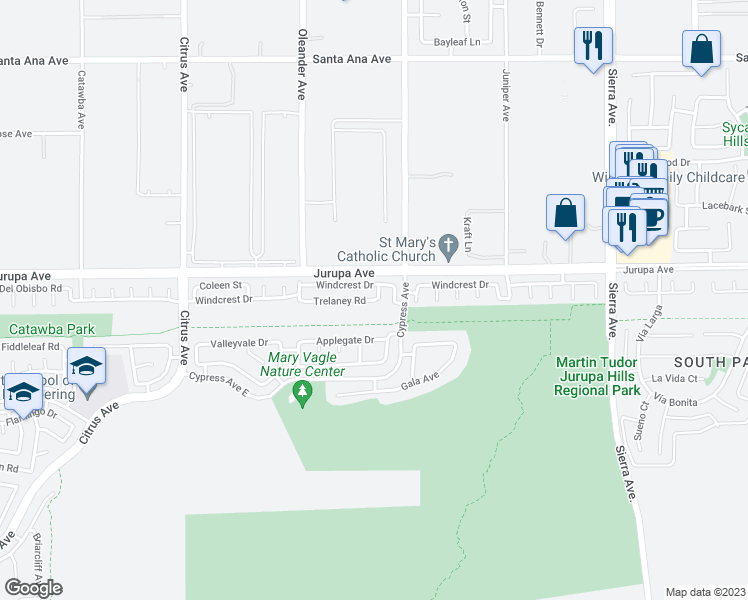 map of restaurants, bars, coffee shops, grocery stores, and more near 16437 Trelaney Road in Fontana