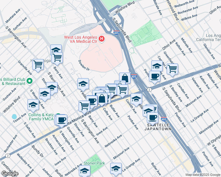 map of restaurants, bars, coffee shops, grocery stores, and more near 1500 Purdue Avenue in Los Angeles