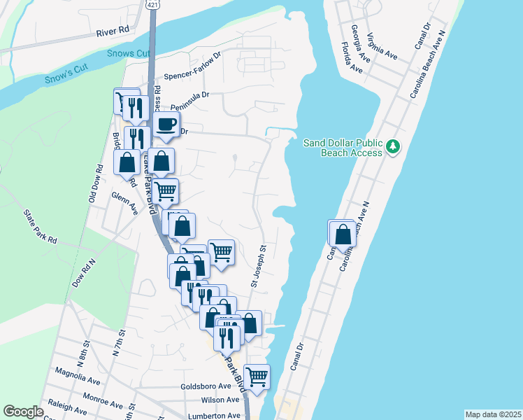 map of restaurants, bars, coffee shops, grocery stores, and more near 1200 Saint Joseph Street in Carolina Beach
