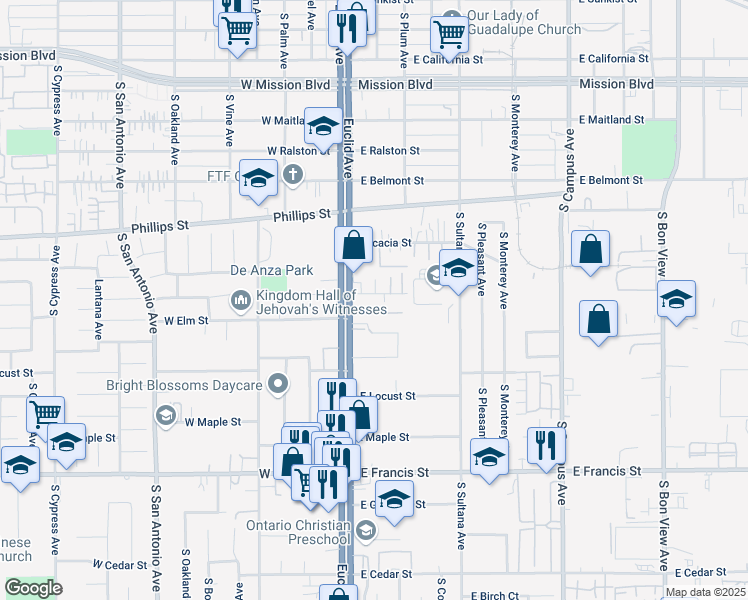 map of restaurants, bars, coffee shops, grocery stores, and more near 130 East Budd Street in Ontario