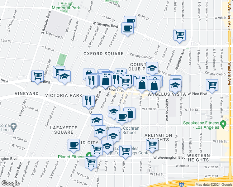 map of restaurants, bars, coffee shops, grocery stores, and more near 1310 12th Avenue in Los Angeles