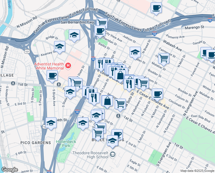 map of restaurants, bars, coffee shops, grocery stores, and more near 324 North Saint Louis Street in Los Angeles