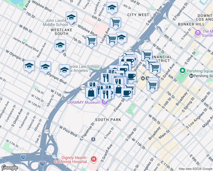 map of restaurants, bars, coffee shops, grocery stores, and more near 877 Francisco Street in Los Angeles