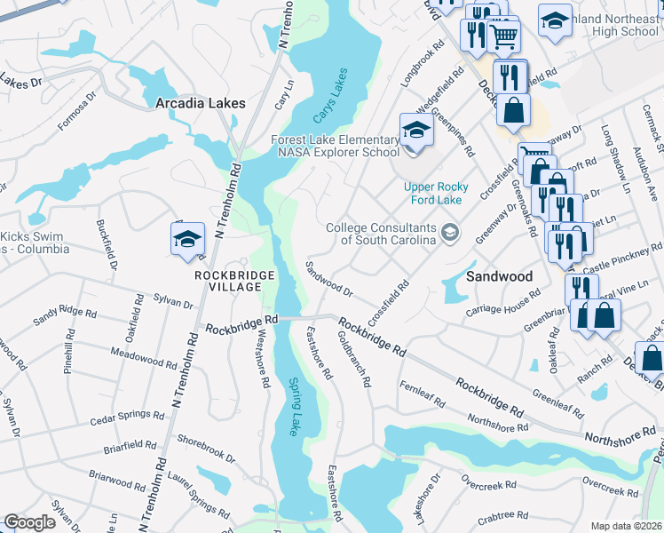 map of restaurants, bars, coffee shops, grocery stores, and more near 4101 Sandwood Drive in Columbia