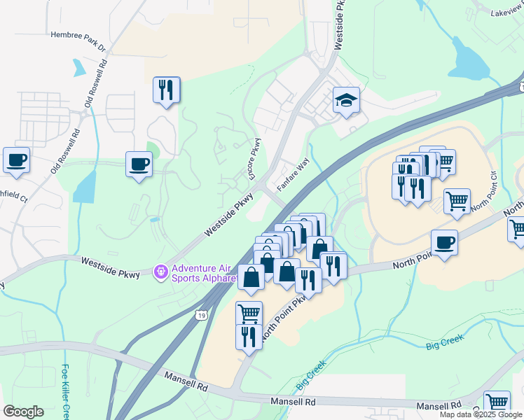 map of restaurants, bars, coffee shops, grocery stores, and more near 10105 Westside Court in Alpharetta