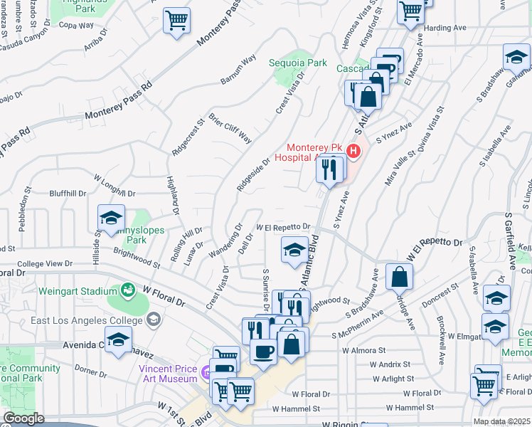 map of restaurants, bars, coffee shops, grocery stores, and more near 1232 Dell Drive in Monterey Park