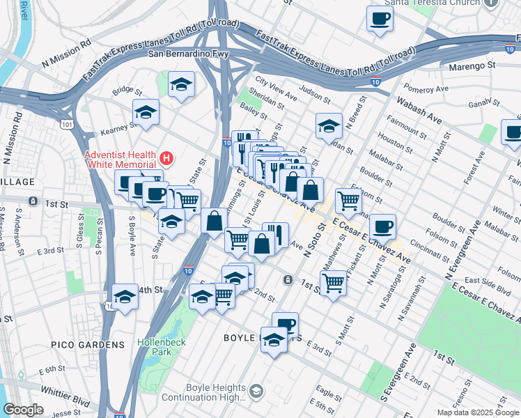 map of restaurants, bars, coffee shops, grocery stores, and more near 324 North Saint Louis Street in Los Angeles