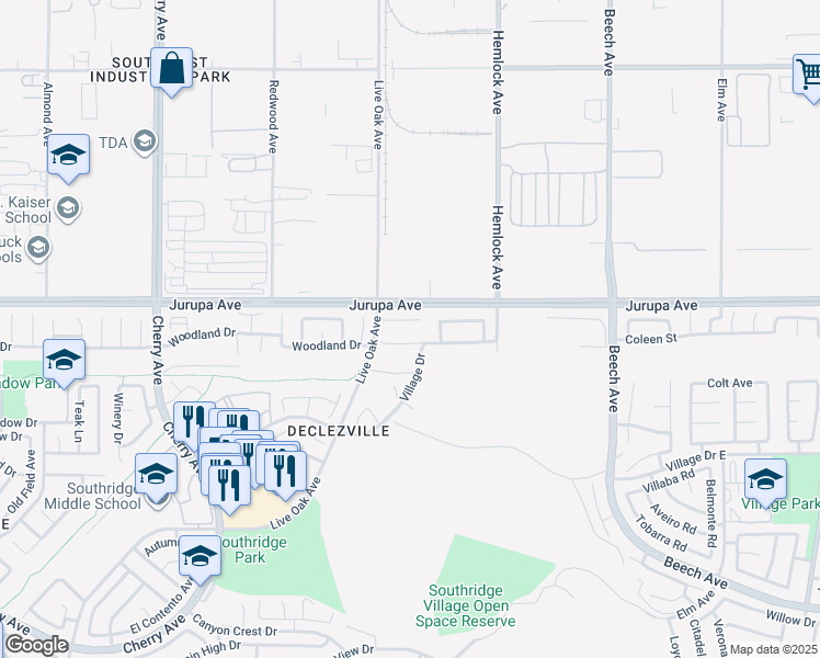 map of restaurants, bars, coffee shops, grocery stores, and more near 14963 colby Place in Fontana