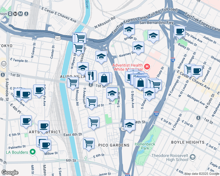 map of restaurants, bars, coffee shops, grocery stores, and more near 120 South Gless Street in Los Angeles