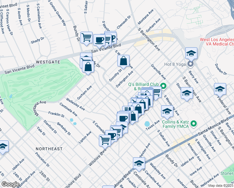 map of restaurants, bars, coffee shops, grocery stores, and more near 971 South Bundy Drive in Los Angeles