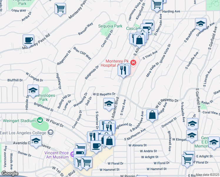 map of restaurants, bars, coffee shops, grocery stores, and more near in Monterey Park