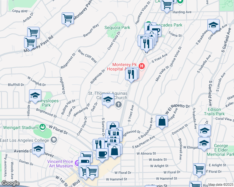 map of restaurants, bars, coffee shops, grocery stores, and more near 616 West Garvey Avenue in Monterey Park