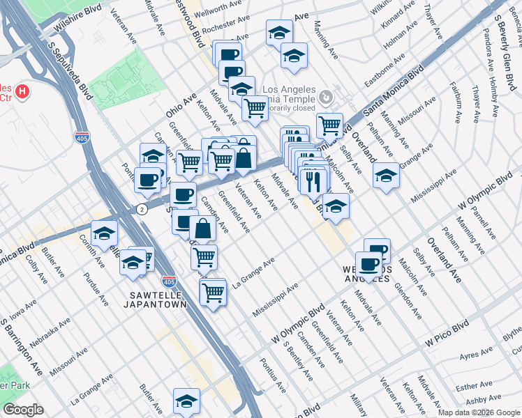 map of restaurants, bars, coffee shops, grocery stores, and more near 1880 Veteran Avenue in Los Angeles