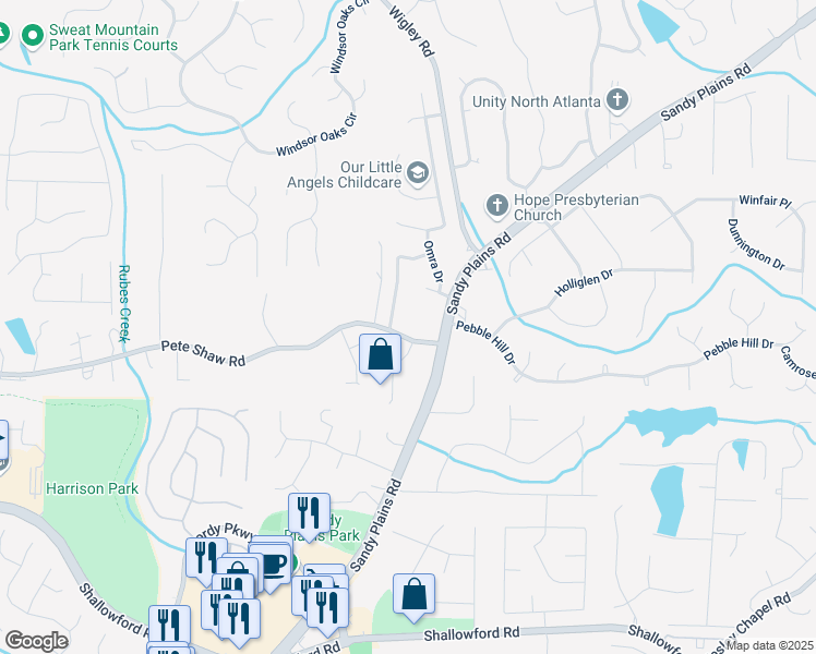 map of restaurants, bars, coffee shops, grocery stores, and more near 3299 Pete Shaw Road in Marietta