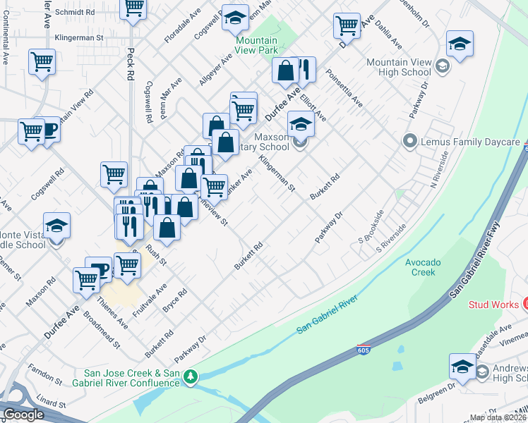 map of restaurants, bars, coffee shops, grocery stores, and more near 2248 Bryce Road in El Monte
