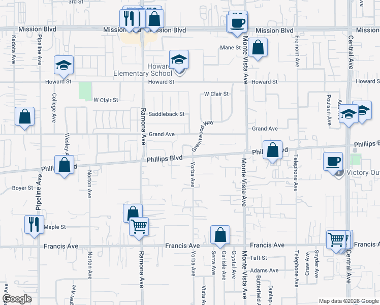 map of restaurants, bars, coffee shops, grocery stores, and more near 4653 East Phillips Boulevard in Chino