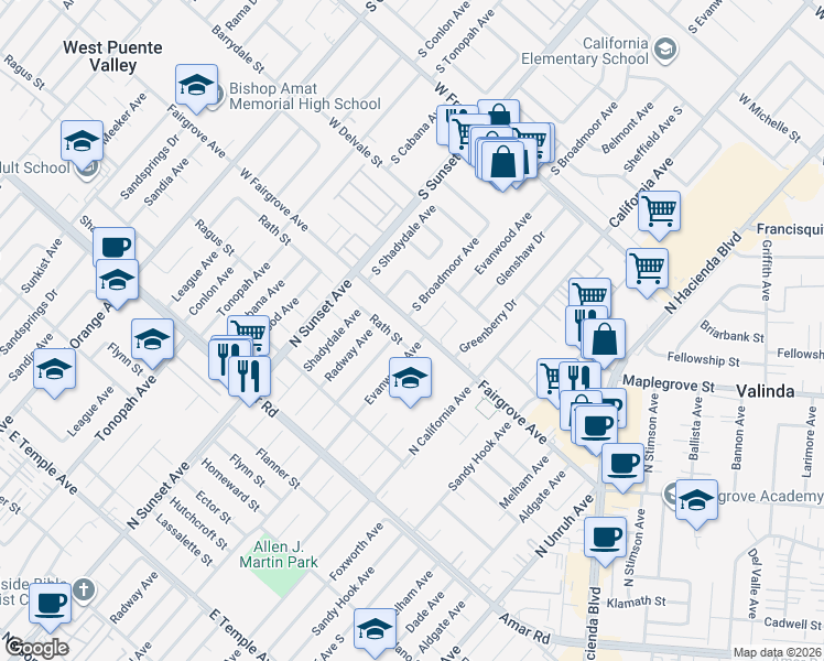 map of restaurants, bars, coffee shops, grocery stores, and more near 14852 West Fairgrove Avenue in West Covina