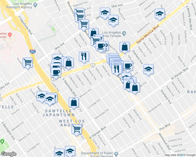 map of restaurants, bars, coffee shops, grocery stores, and more near 1880 Veteran Avenue in Los Angeles