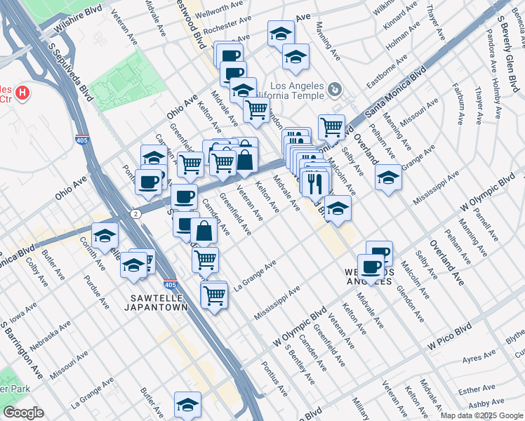 map of restaurants, bars, coffee shops, grocery stores, and more near 1880 Veteran Avenue in Los Angeles