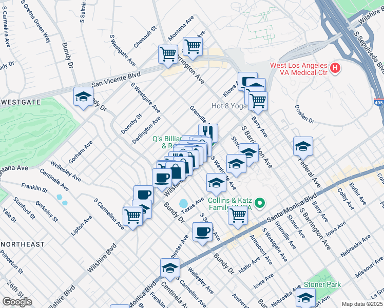 map of restaurants, bars, coffee shops, grocery stores, and more near 11910 Goshen Avenue in Los Angeles