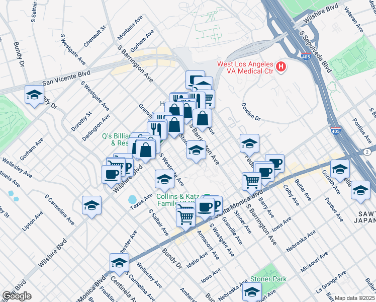 map of restaurants, bars, coffee shops, grocery stores, and more near 1247 Stoner Avenue in Los Angeles