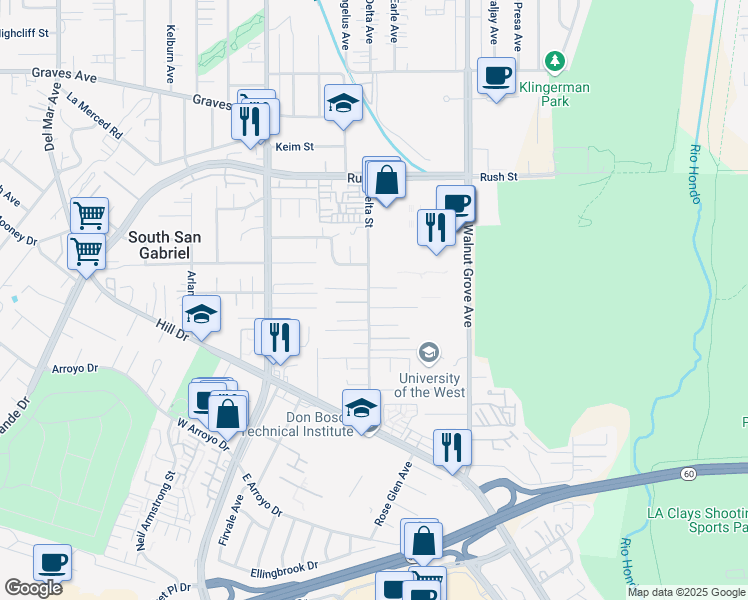 map of restaurants, bars, coffee shops, grocery stores, and more near 8405 Yarrow Street in Rosemead
