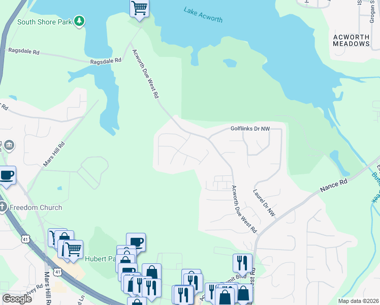 map of restaurants, bars, coffee shops, grocery stores, and more near 4419 Singletree Way in Acworth