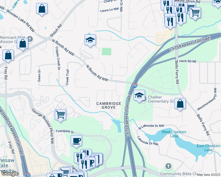 map of restaurants, bars, coffee shops, grocery stores, and more near 467 Ethridge Drive Northwest in Kennesaw