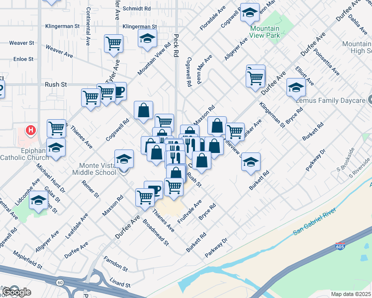 map of restaurants, bars, coffee shops, grocery stores, and more near 2027 Durfee Avenue in South El Monte