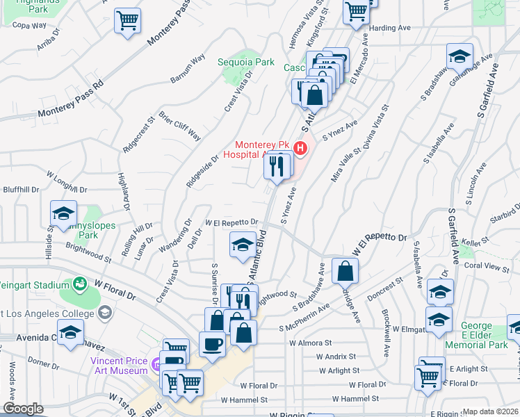 map of restaurants, bars, coffee shops, grocery stores, and more near 1320 South Atlantic Boulevard in Monterey Park