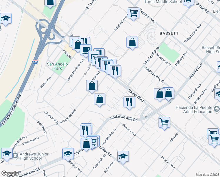 map of restaurants, bars, coffee shops, grocery stores, and more near 315 South Orange Blossom Avenue in Avocado Heights
