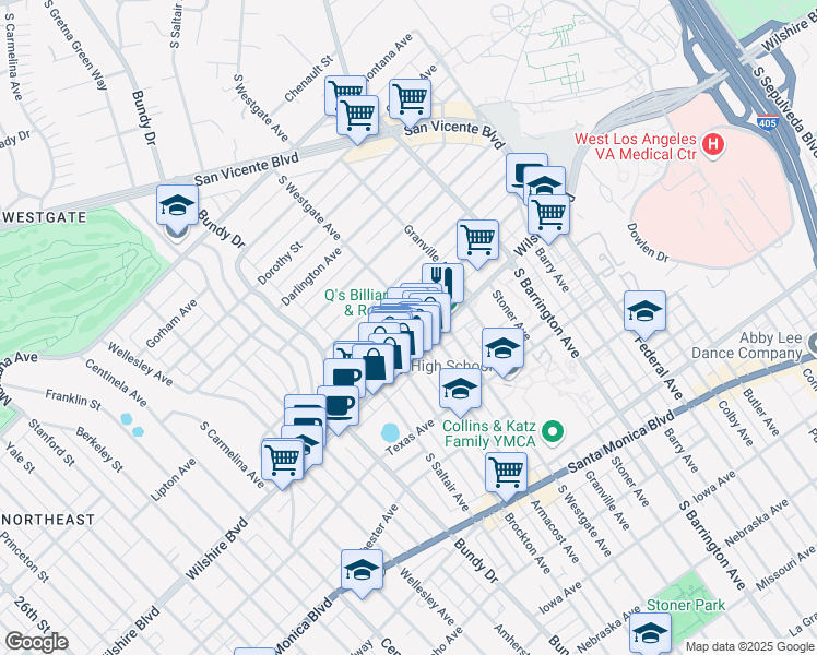 map of restaurants, bars, coffee shops, grocery stores, and more near 11910 Goshen Avenue in Los Angeles