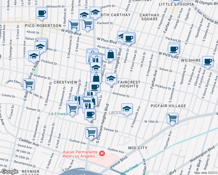 map of restaurants, bars, coffee shops, grocery stores, and more near 1661 South Crescent Heights Boulevard in Los Angeles