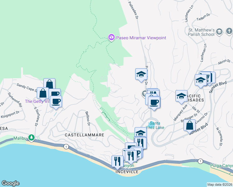 map of restaurants, bars, coffee shops, grocery stores, and more near 550 Paseo Miramar in Los Angeles