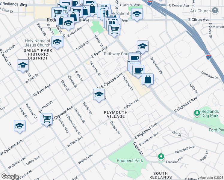 map of restaurants, bars, coffee shops, grocery stores, and more near 643 Cypress Circle in Redlands