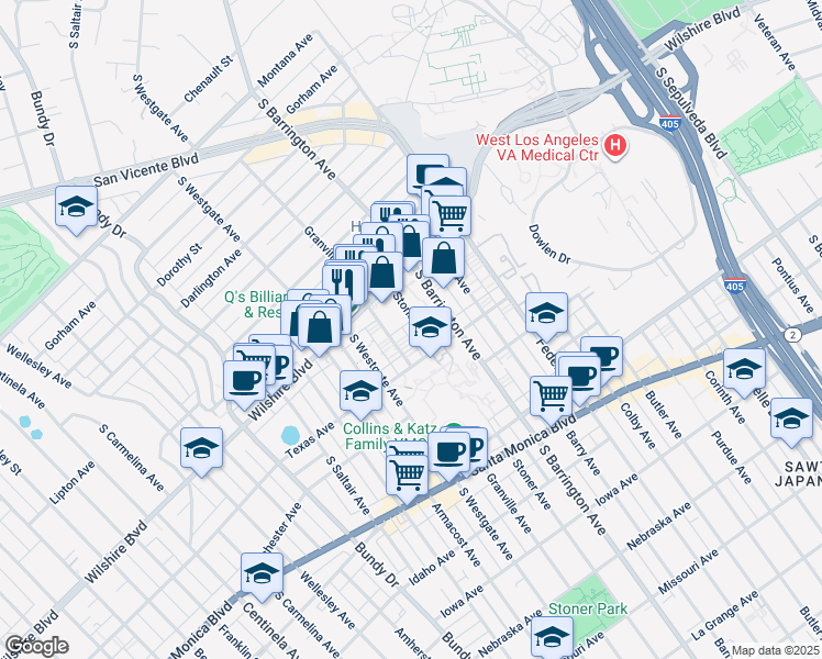 map of restaurants, bars, coffee shops, grocery stores, and more near 1247 Stoner Avenue in Los Angeles