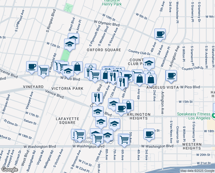 map of restaurants, bars, coffee shops, grocery stores, and more near 4150 West Pico Boulevard in Los Angeles
