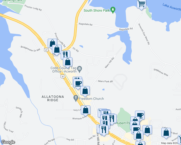 map of restaurants, bars, coffee shops, grocery stores, and more near 4900 Clearstone Way Northwest in Acworth