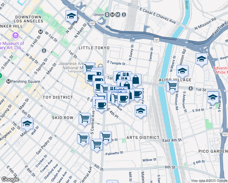 map of restaurants, bars, coffee shops, grocery stores, and more near 601 East 2nd Street in Los Angeles