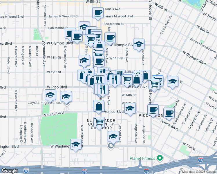 map of restaurants, bars, coffee shops, grocery stores, and more near Menlo Avenue in Los Angeles