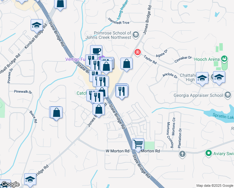 map of restaurants, bars, coffee shops, grocery stores, and more near 10913 Jones Bridge Road in Johns Creek