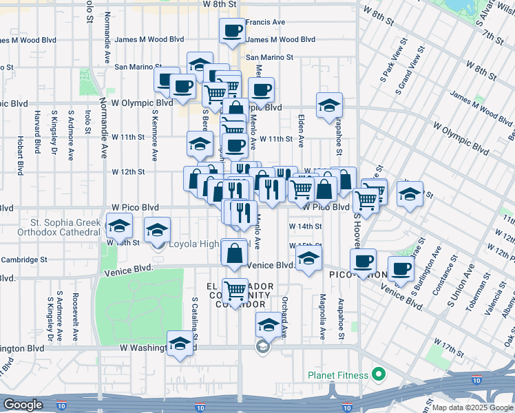 map of restaurants, bars, coffee shops, grocery stores, and more near Menlo Avenue in Los Angeles